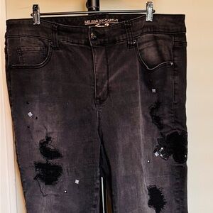 Seven7 Melissa McCartney Black / Dark Gray Distressed Embellished Jeans Sz 18W